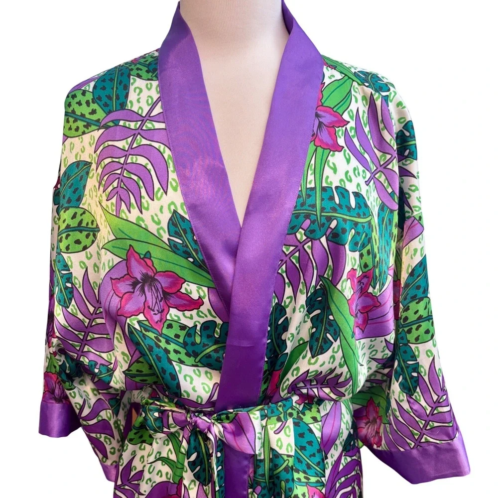 Body Drama Lingerie Robe Womens Small Purple‎ Green Tropical Leopard Excellent